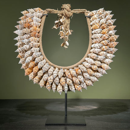 Decorative Shell Necklace on Stand – Coastal Boho Decor | Tribal Shell Art from Indonesia | Natural Sea Shell Statement Piece for Interior - SN 8 | SN A/02