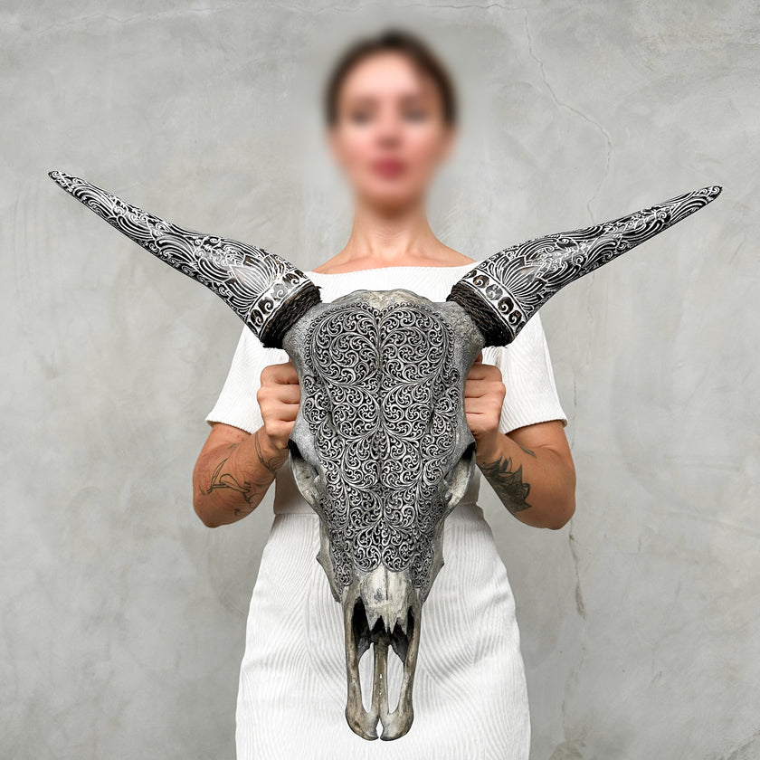 Fully carved cow skulls with Fern Carving Skull,A/085