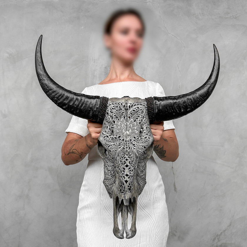 Grey Carved Buffalo Skulls with Big Lotus motif | Skull,A/104