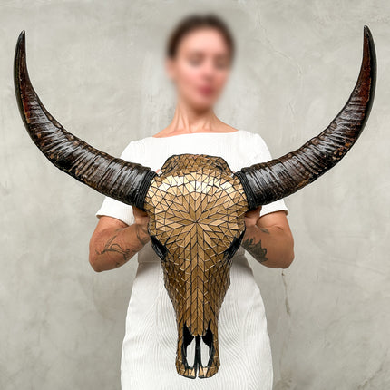 Gold Mosaic Buffalo Skull Wall Decor – Handmade Horned Skull for Boho, Luxe Western, or Modern Rustic Interiors - Skull,A/127