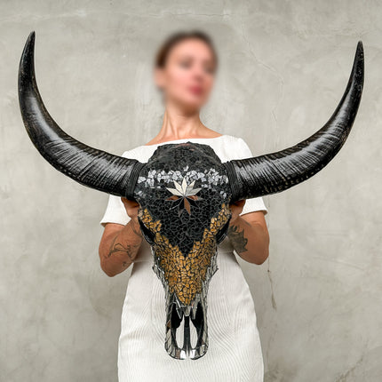 Black and Yellow Mosaic Buffalo Skull with Star – Horned Wall Art for Boho, Western, Luxe, or Eclectic Interior Decoration - Skull,A/135
