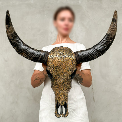 Gold Mosaic Buffalo Skull – Decorative Wall Skull with Horns for Boho, Western, Modern Rustic, or Luxe Interior Wall Styling - Skull,A/131