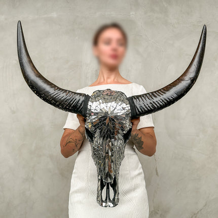 Silver Mosaic Buffalo Skull Wall Decor – Handmade Mirror Skull with Horns for Luxe, Modern, or Boho Interiors - Skull,A/130