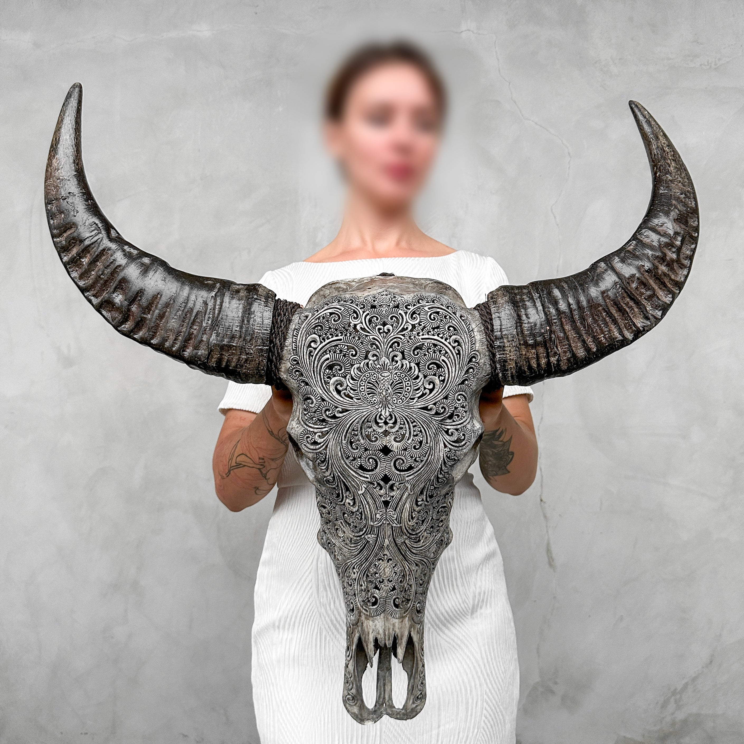 Carved Water Buffalo Skull with Small Lotus – Tribal Wall Art – Artisan Bone Sculpture with Engraved Horns - Skull,A/087