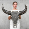 Carved Water Buffalo Skull with Small Lotus – Tribal Wall Art – Artisan Bone Sculpture with Engraved Horns - Skull,A/087