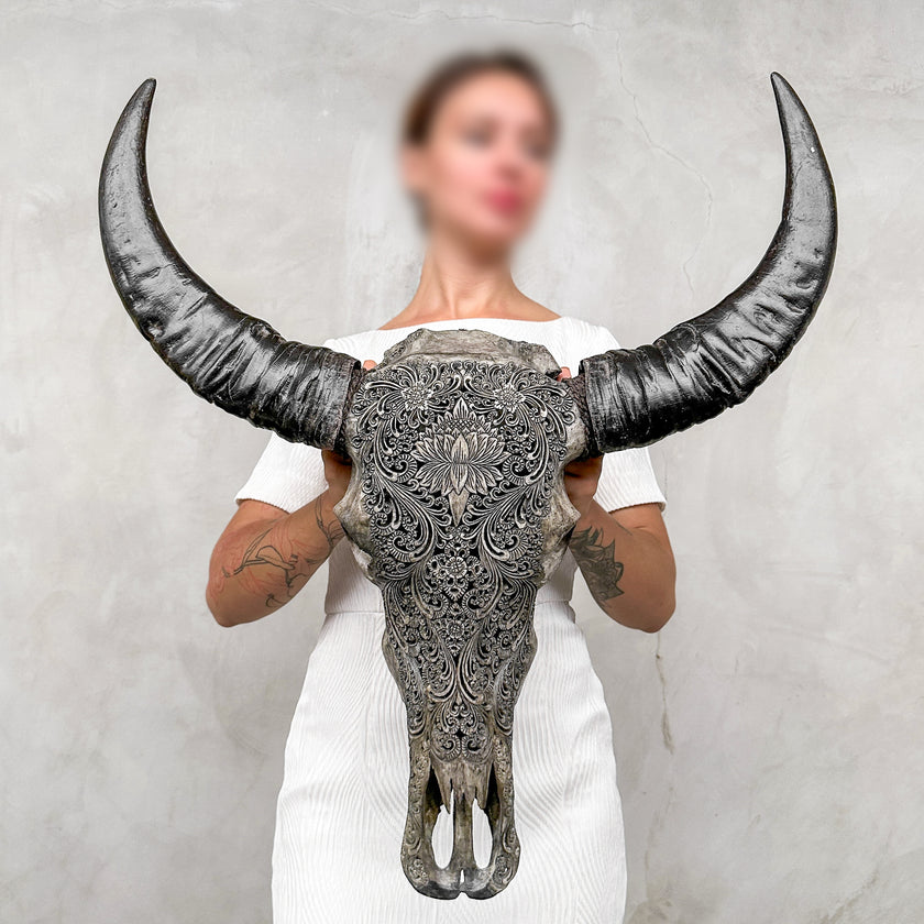 Caved Waterbuffalo Skulls with Big lotus Carving Skull,A/100