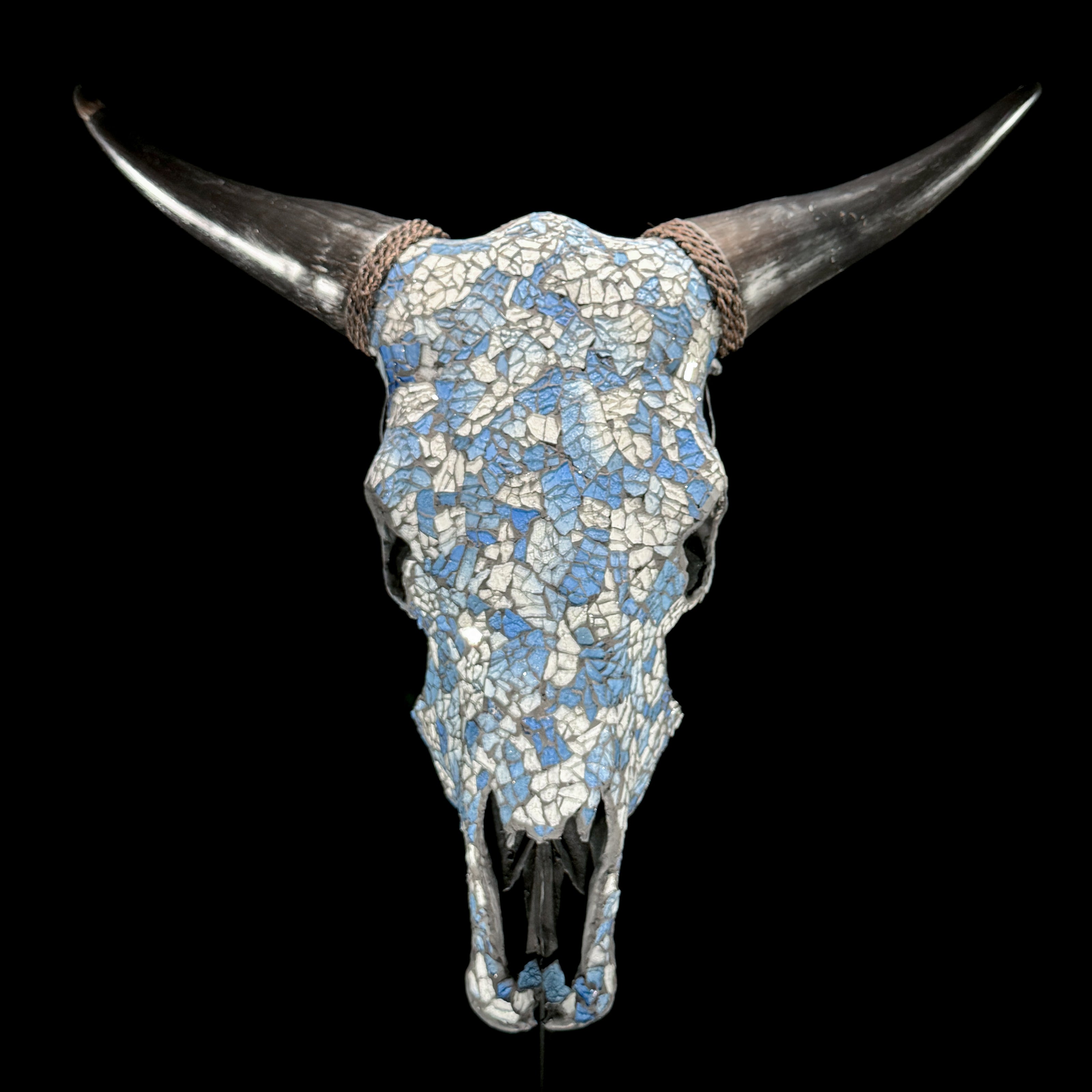 Pastel Blue Mosaic Cow Skull Wall Decor – Boho Animal Skull with Horns for Beach House, Living Room, or Gallery Wall - Skull,A/124