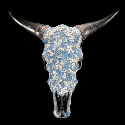 Pastel Blue Mosaic Cow Skull Wall Decor – Boho Animal Skull with Horns for Beach House, Living Room, or Gallery Wall - Skull,A/124