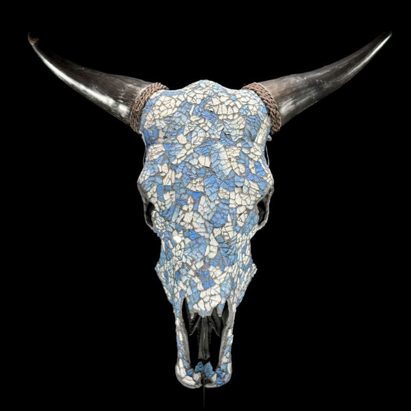 Pastel Blue Mosaic Cow Skull | Taxidermy Wall Art for Modern Boho or Western Decor