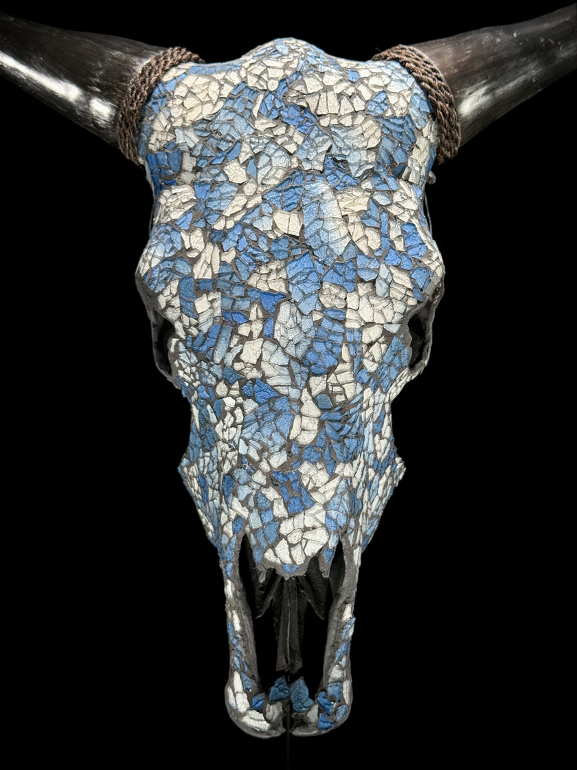 Pastel Blue Mosaic Cow Skull | Taxidermy Wall Art for Modern Boho or Western Decor