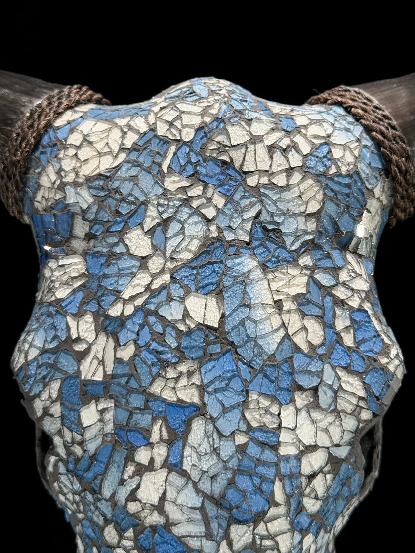 Pastel Blue Mosaic Cow Skull | Taxidermy Wall Art for Modern Boho or Western Decor