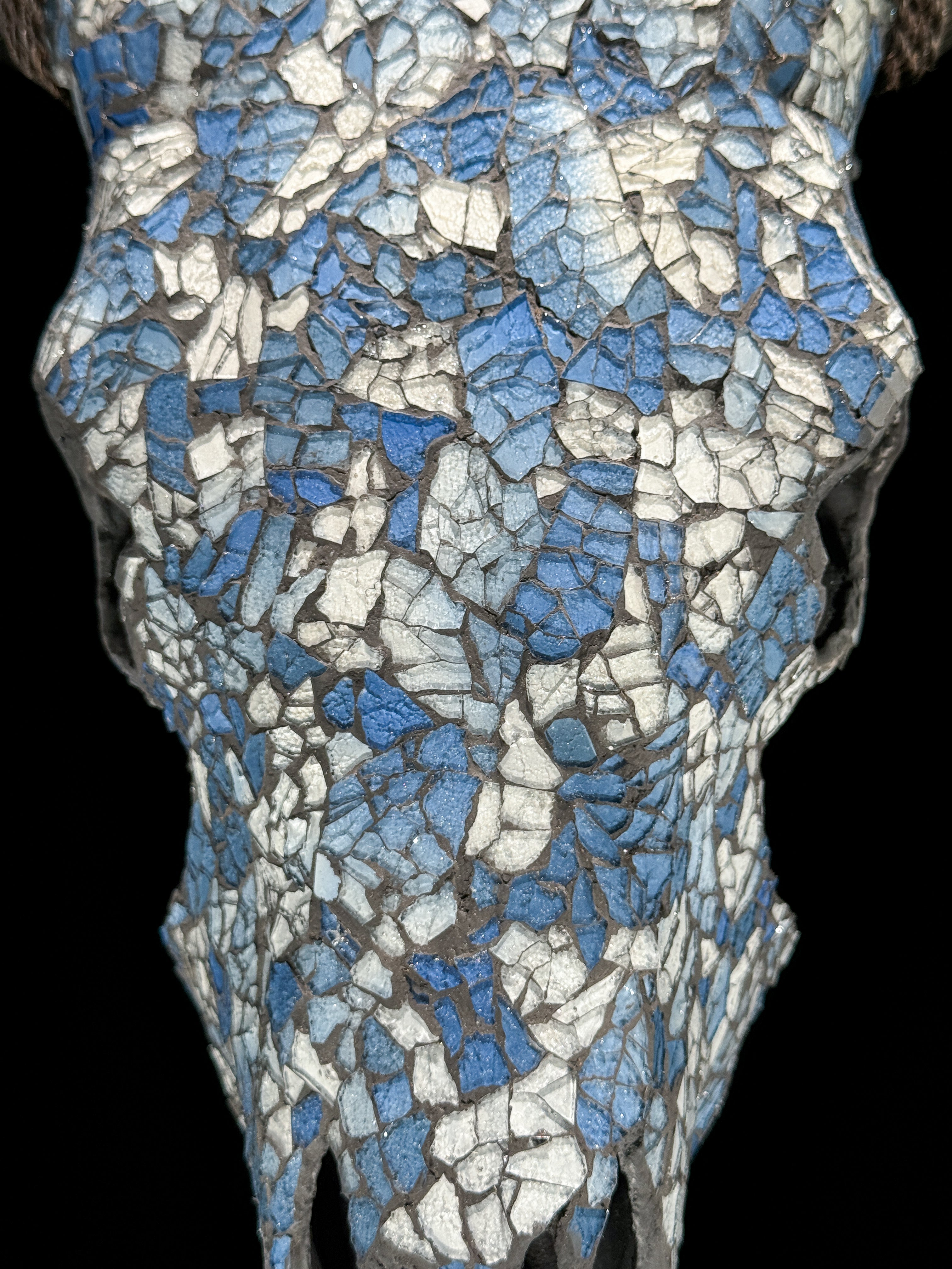 Pastel Blue Mosaic Cow Skull Wall Decor – Boho Animal Skull with Horns for Beach House, Living Room, or Gallery Wall - Skull,A/124