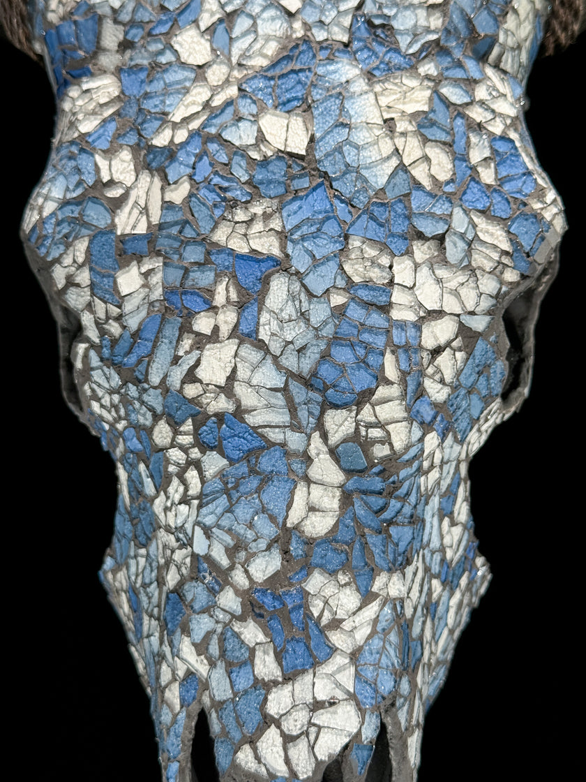 Pastel Blue Mosaic Cow Skull | Taxidermy Wall Art for Modern Boho or Western Decor