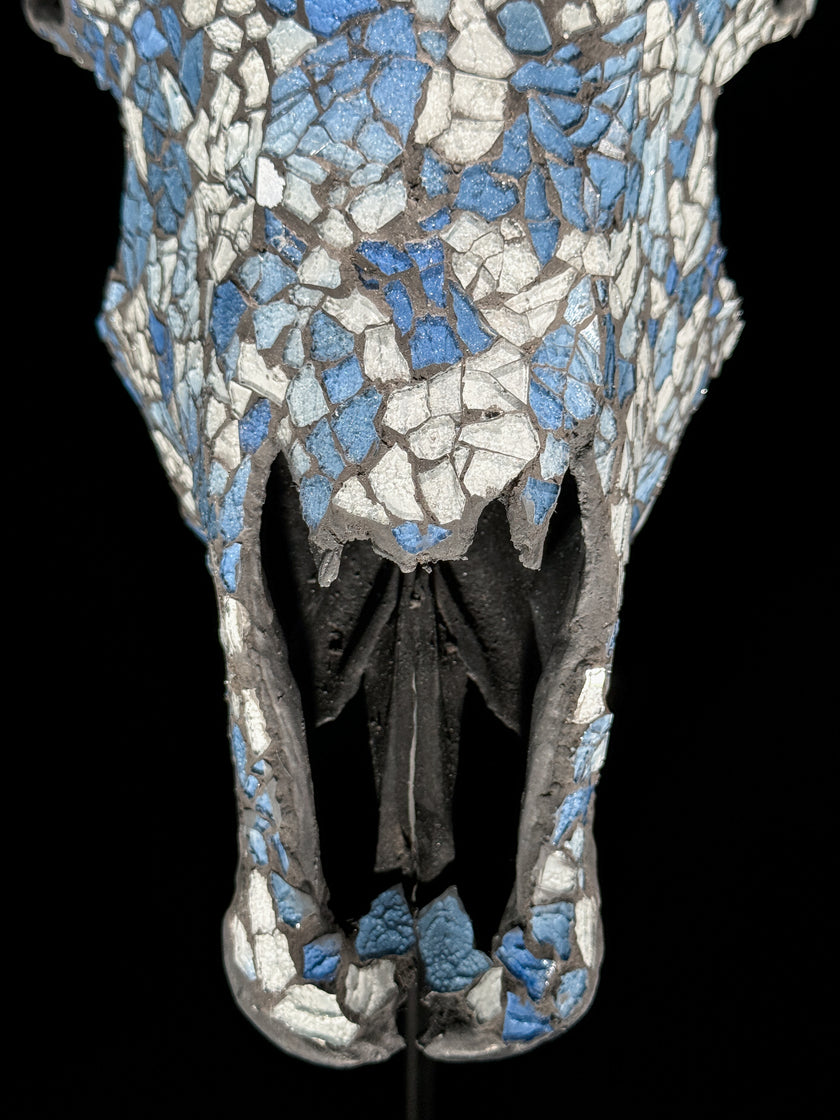 Pastel Blue Mosaic Cow Skull | Taxidermy Wall Art for Modern Boho or Western Decor