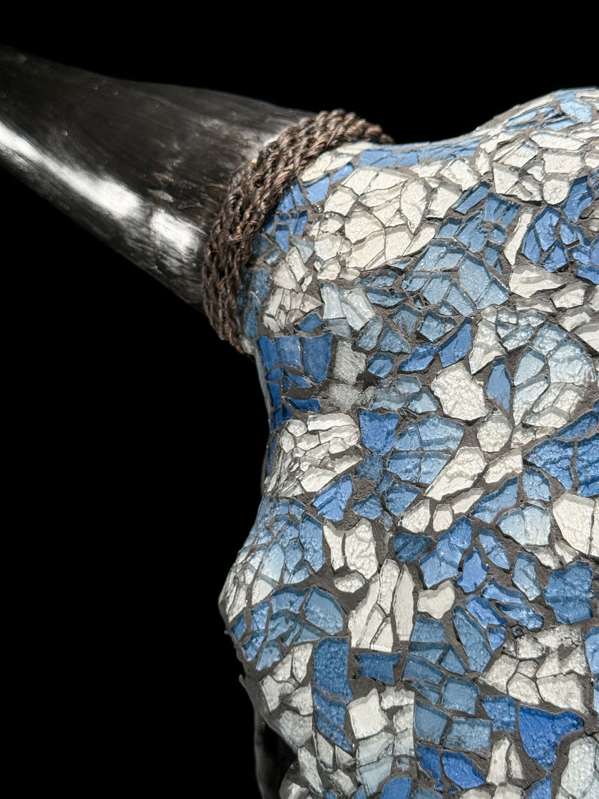 Pastel Blue Mosaic Cow Skull | Taxidermy Wall Art for Modern Boho or Western Decor