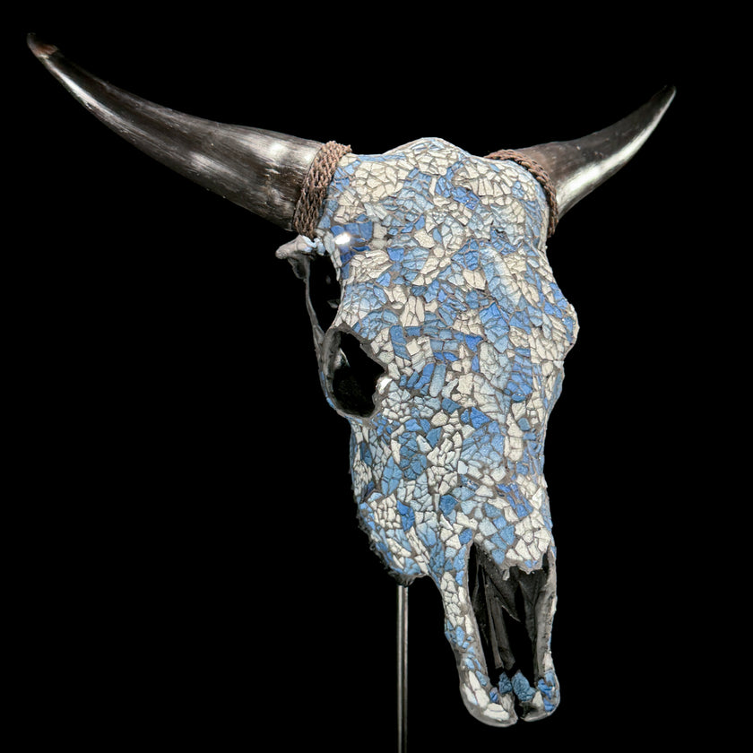 Pastel Blue Mosaic Cow Skull | Taxidermy Wall Art for Modern Boho or Western Decor