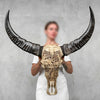 Carved Water Buffalo Skull with Elephant Scene – Handcrafted Bone Art – Wildlife Wall Decor – Safari Tribal Skull Sculpture - Skull,A/096