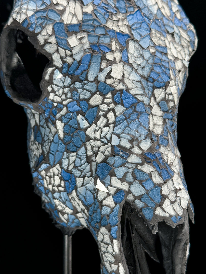 Pastel Blue Mosaic Cow Skull | Taxidermy Wall Art for Modern Boho or Western Decor