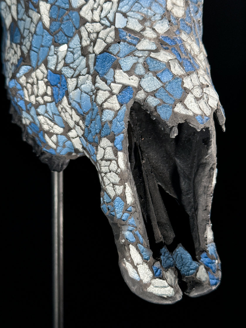 Pastel Blue Mosaic Cow Skull | Taxidermy Wall Art for Modern Boho or Western Decor