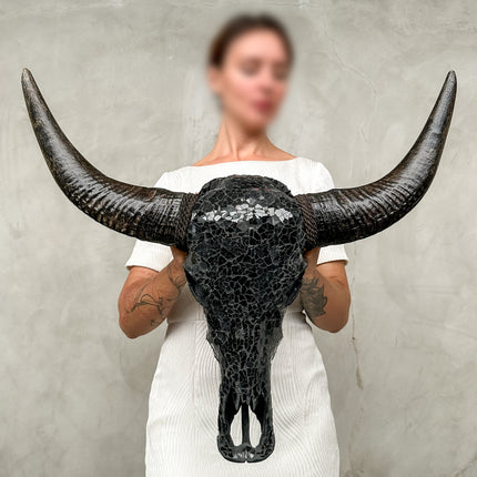 Black Mosaic Buffalo Skull – Dark Horn Wall Decor for Boho, Gothic, Modern Industrial, or Rustic Statement Interior Styling - Skull,A/136