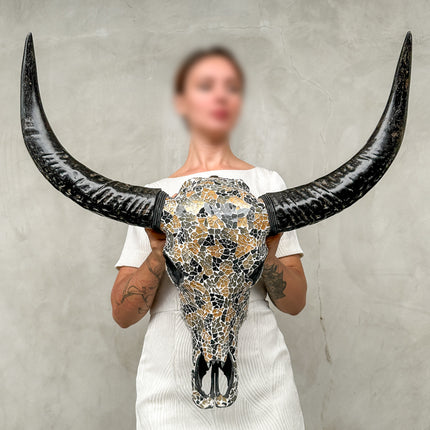 Gold and Black Mosaic Buffalo Skull – Wall-Mounted Horn Decor for Boho, Luxe Western, Eclectic, or Modern Interior Styling - Skull,A/133