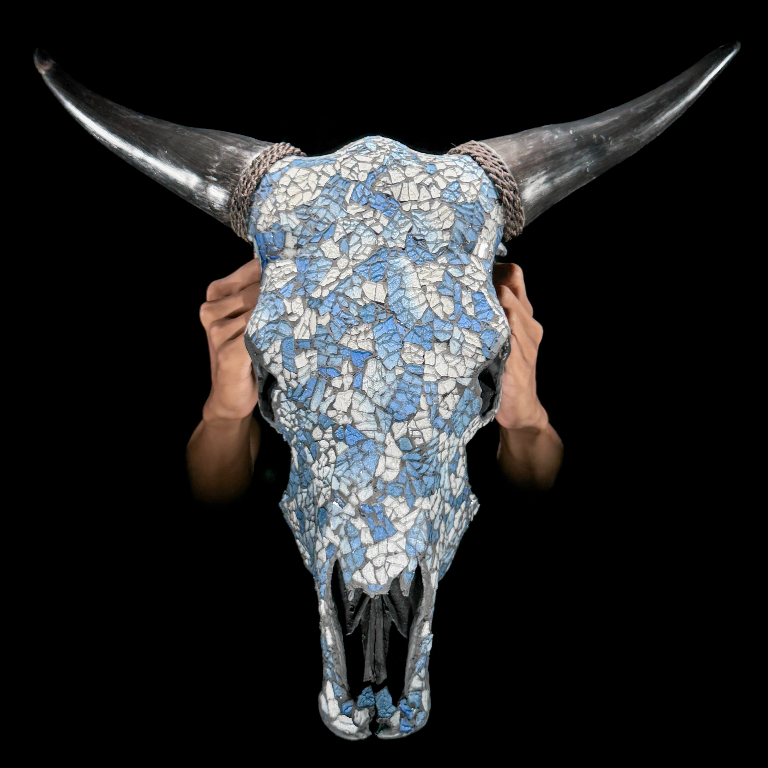 Pastel Blue Mosaic Cow Skull Wall Decor – Boho Animal Skull with Horns for Beach House, Living Room, or Gallery Wall - Skull,A/124