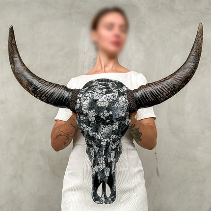 Black and White Mosaic Buffalo Skull Wall Decor – Handmade Horned Skull Art for Western, Boho, or Monochrome Interiors - Skull,A/129