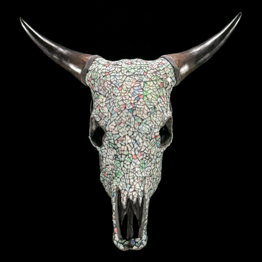 Pastel Green Mosaic Cow Skull | Taxidermy Wall Art for Modern Boho or Western Decor