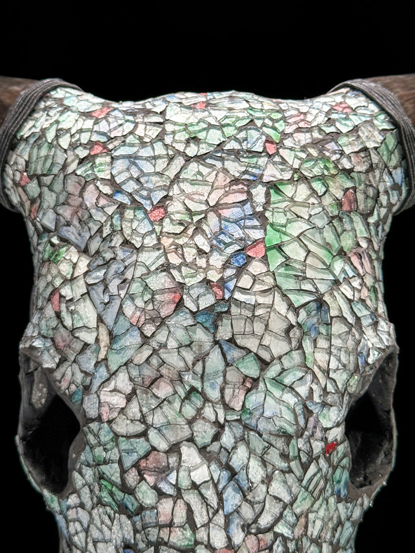 Pastel Green Mosaic Cow Skull | Taxidermy Wall Art for Modern Boho or Western Decor