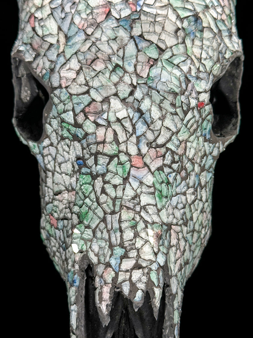 Pastel Green Mosaic Cow Skull | Taxidermy Wall Art for Modern Boho or Western Decor