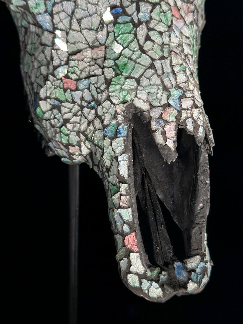 Pastel Green Mosaic Cow Skull | Taxidermy Wall Art for Modern Boho or Western Decor