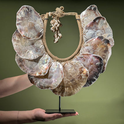 Large Iridescent Shell Necklace on Stand – Organic Coastal Display | Natural Mother of Pearl Texture | Earthy Island Accent - SN 10 - SN A/10