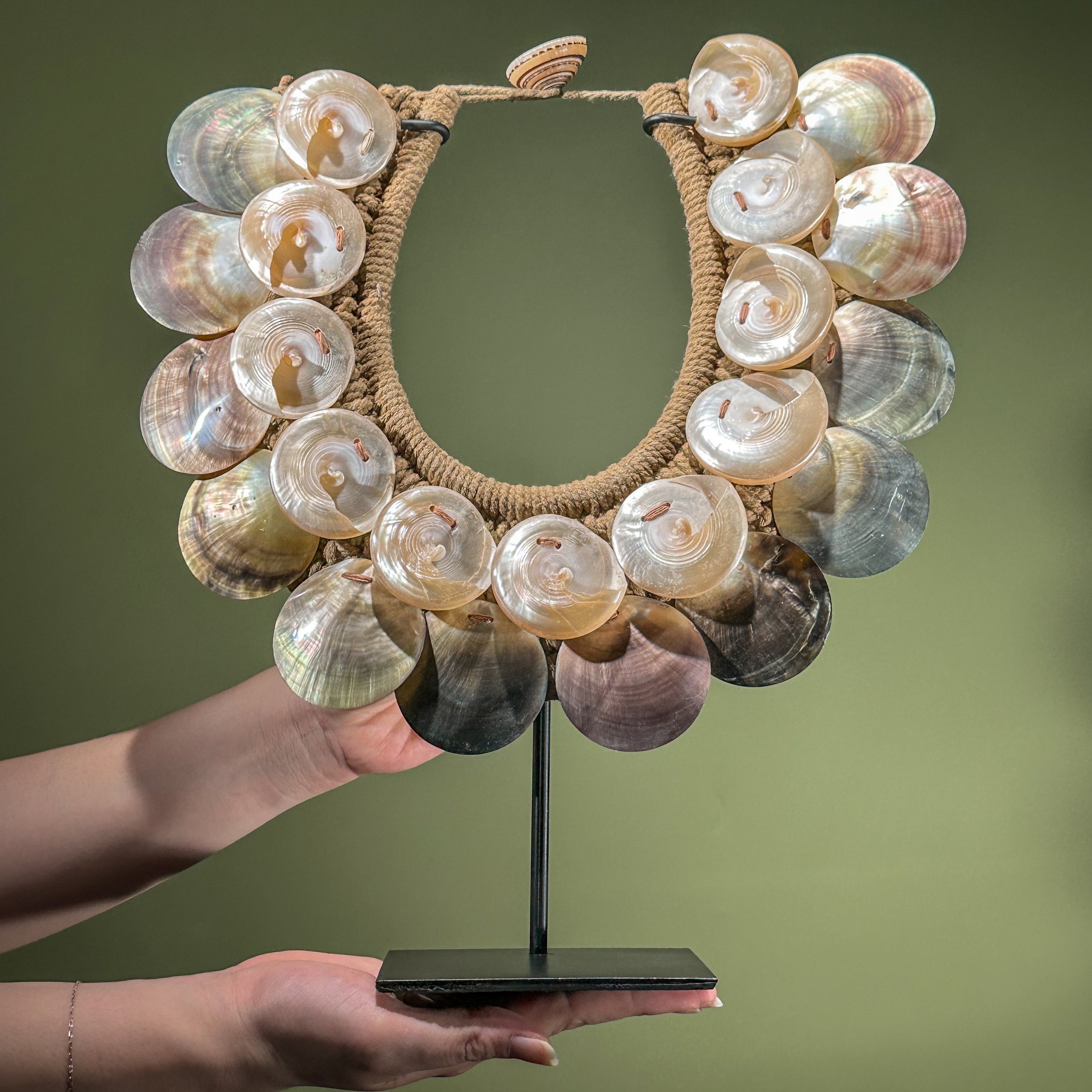 Decorative Shell Necklace on Stand – Coastal Tribal-Inspired Display Piece for Boho, Natural, or Ethnic-Inspired Home Styling - SN 5 - SN A/01