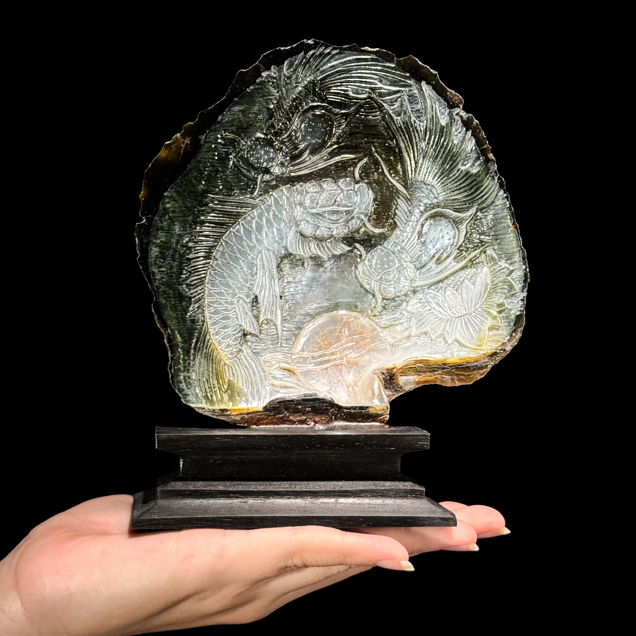 Hand-Carved Koi Fish on Mother of Pearl Shell – Feng Shui Home Decor – Iridescent Shell Sculpture with Stand - ToS,A/029