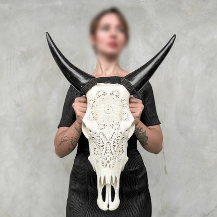 Hand-Carved White Cow Skull with Flower Mandala – Boho Wall Decor – Artisan Bone Skull Art with Black Horns - Skull,A/071