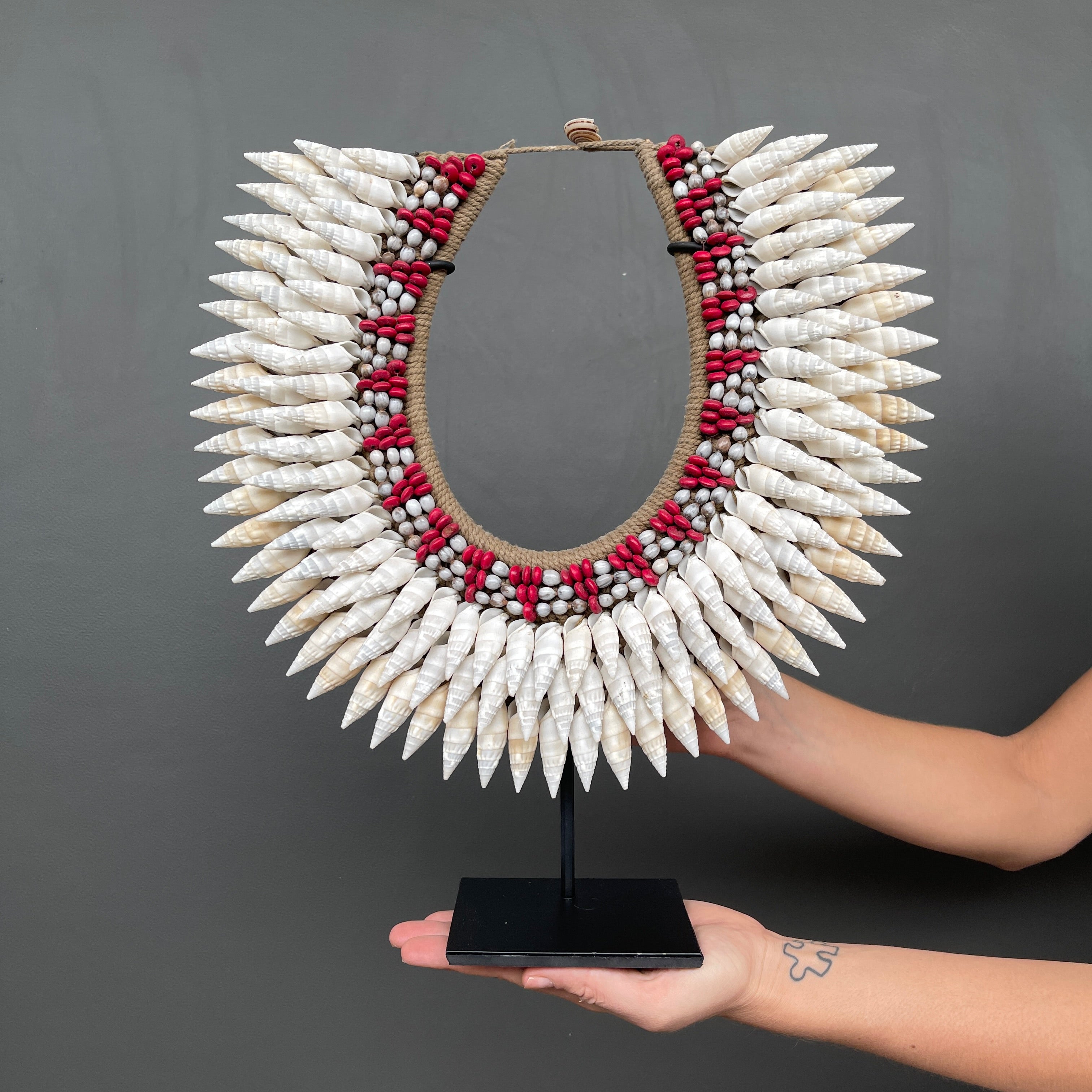 SN16 - Decorative Shell Necklace on custom stand - Large white cut shells, Colored Beads woven on to Natural Fibres - 23/Etsy/553