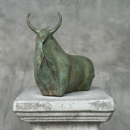 Heavy Abstract Bull Patinated Bronze Sculpture