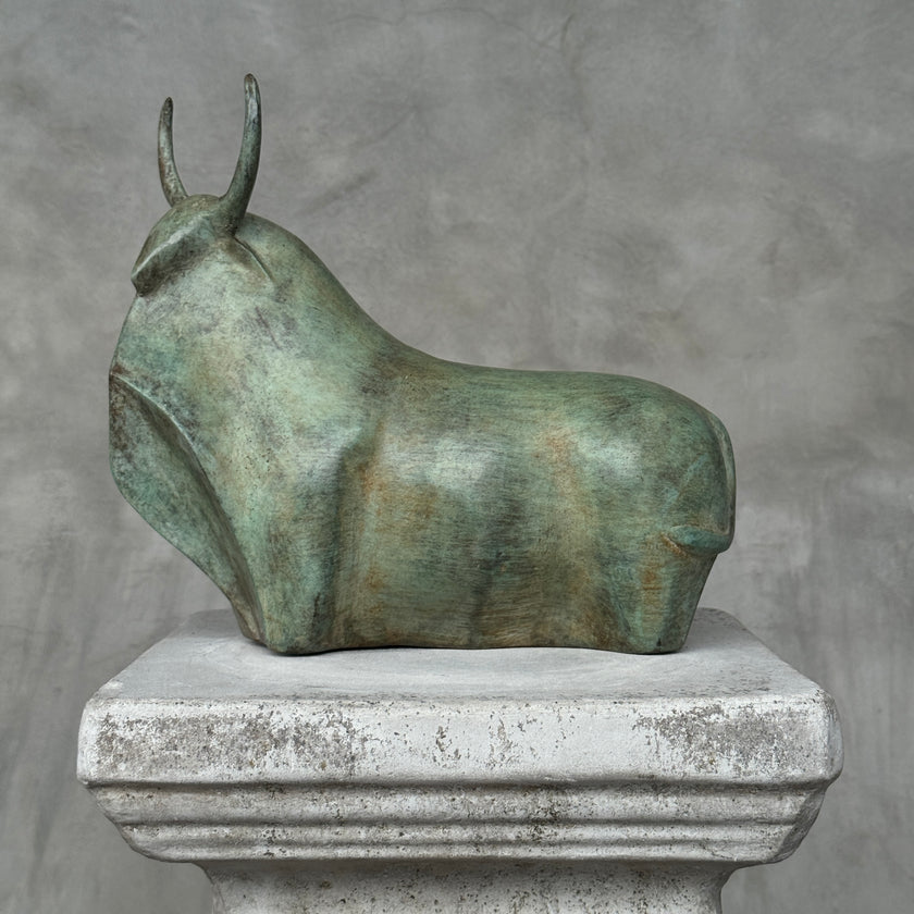 Heavy Abstract Bull Patinated Bronze Sculpture