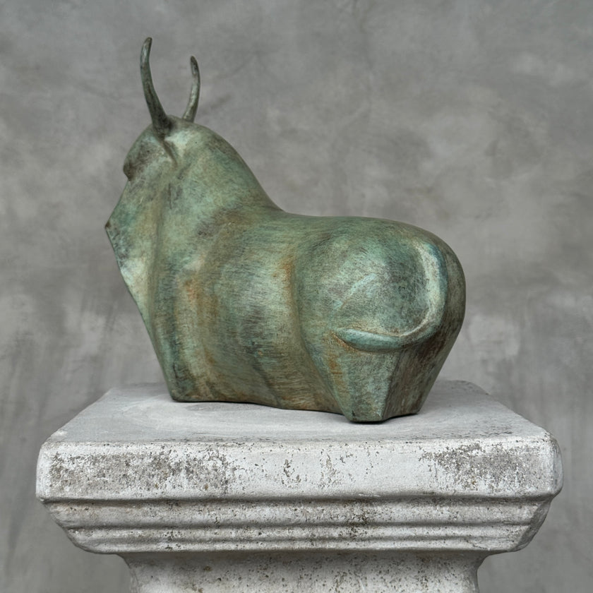 Heavy Abstract Bull Patinated Bronze Sculpture