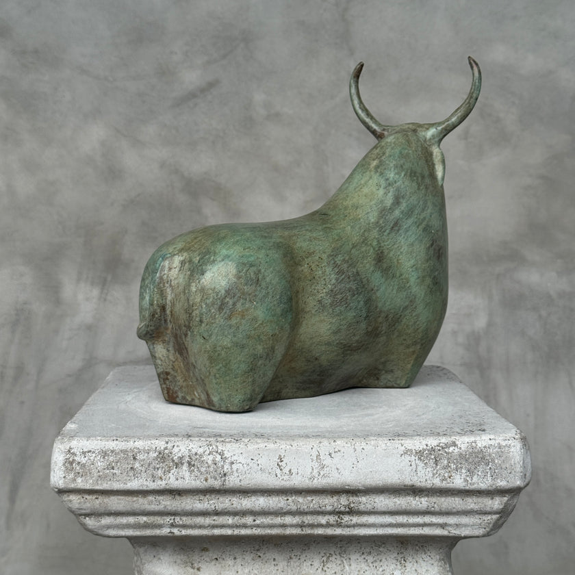Heavy Abstract Bull Patinated Bronze Sculpture
