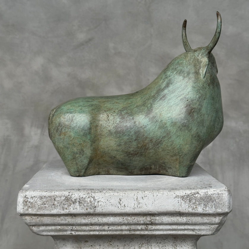 Heavy Abstract Bull Patinated Bronze Sculpture