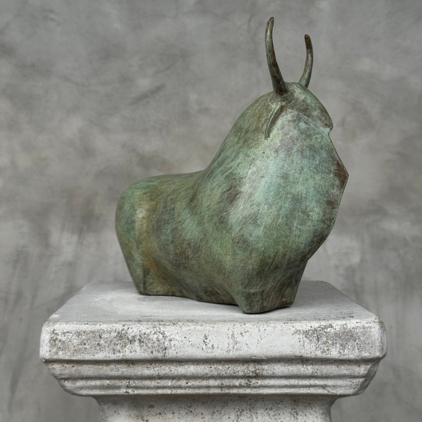 Heavy Abstract Bull Patinated Bronze Sculpture