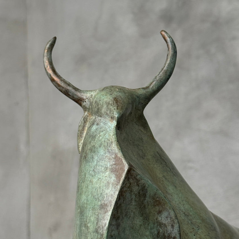 Heavy Abstract Bull Patinated Bronze Sculpture