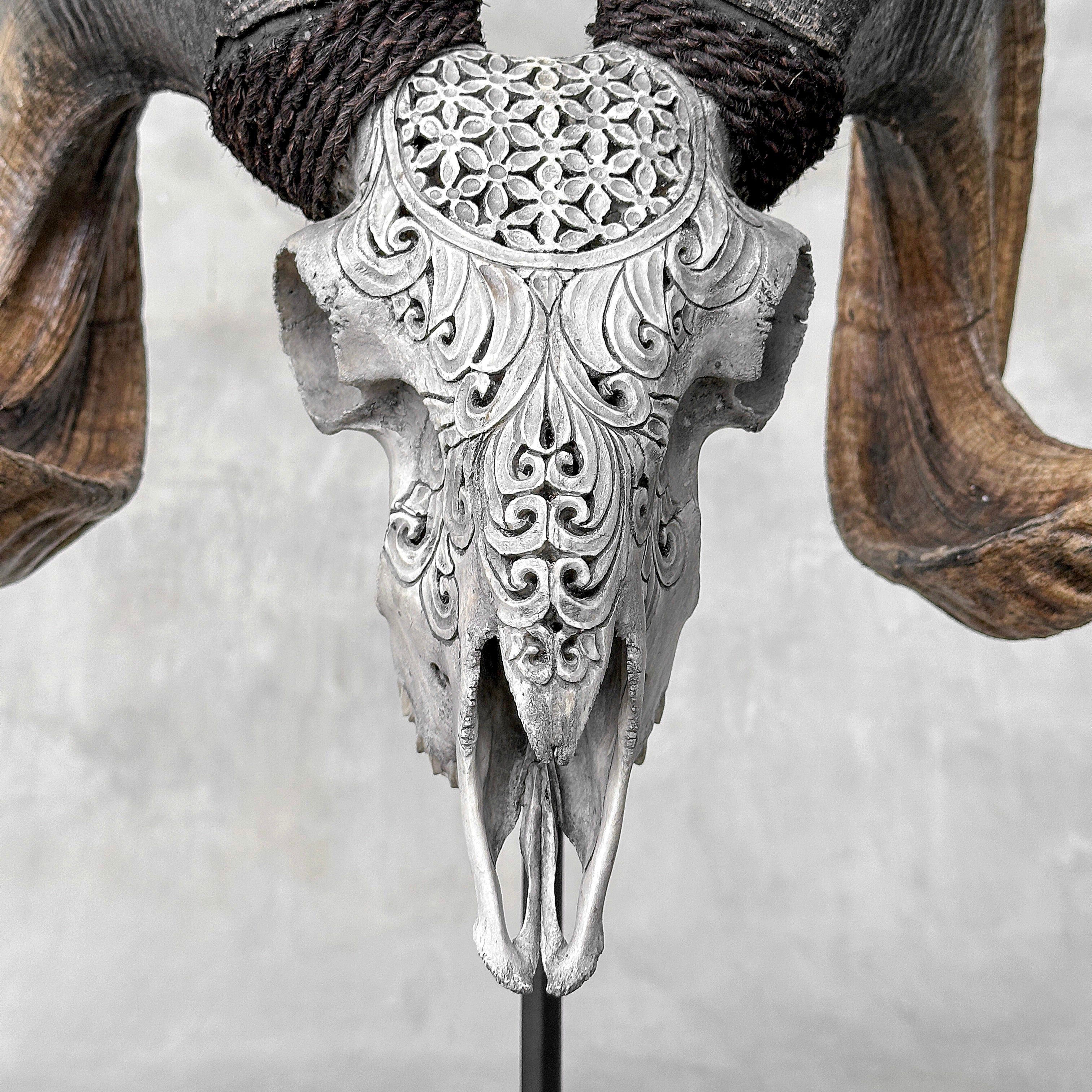 Carved Ram Skull with Flower Of life motif on stand - Skull,A/158