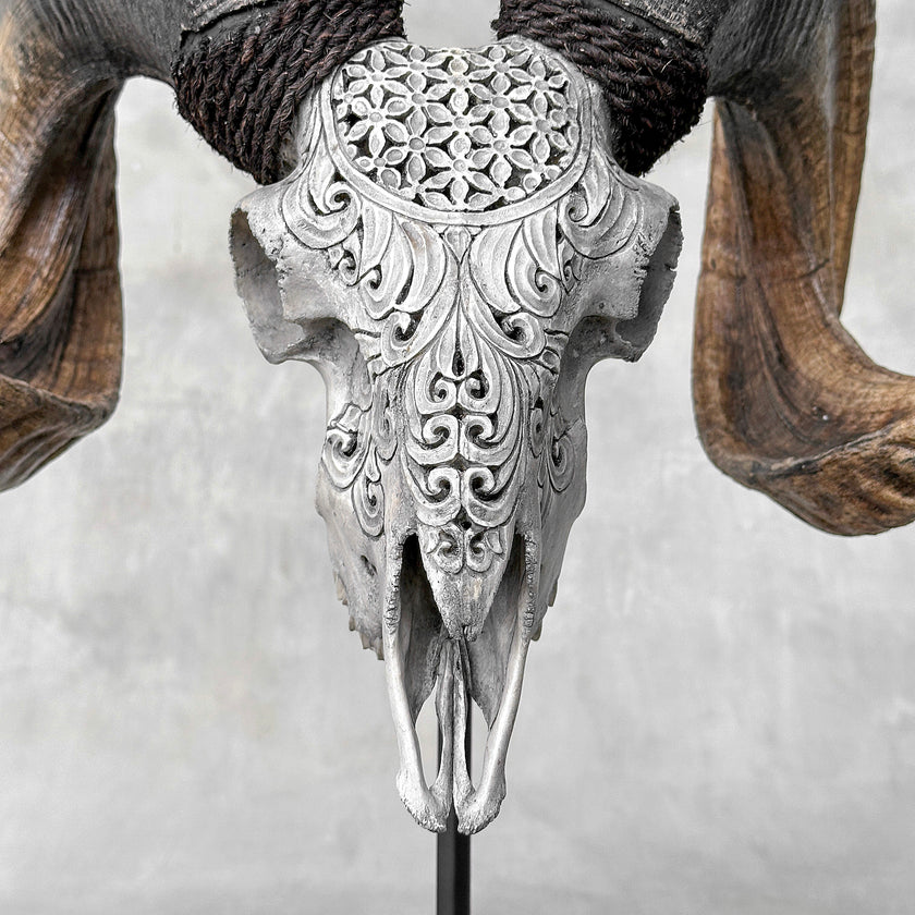 Carved Ram Skull with Flower Of life motif on stand - Skull,A/158