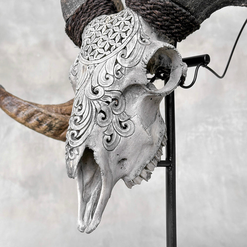 Carved Ram Skull with Flower Of life motif on stand - Skull,A/158