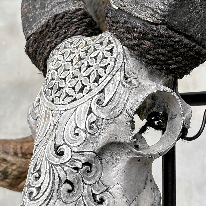 Carved Ram Skull with Flower Of life motif on stand - Skull,A/158