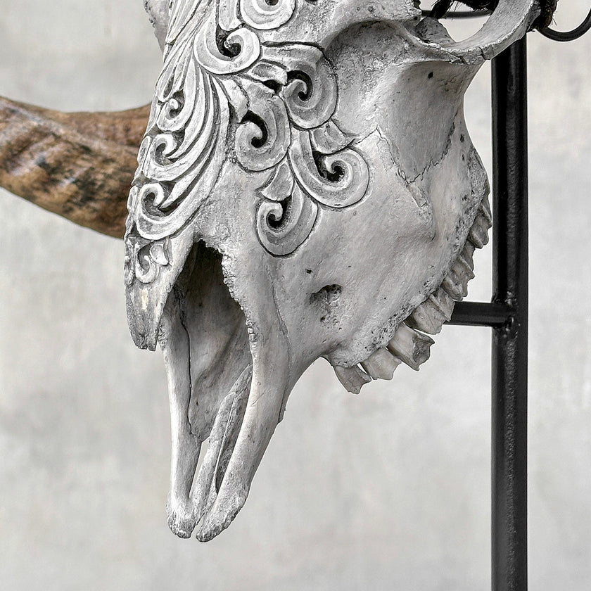 Carved Ram Skull with Flower Of life motif on stand - Skull,A/158