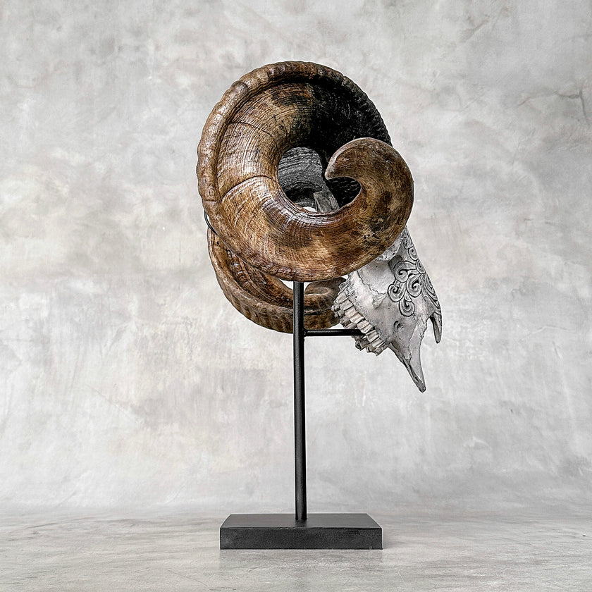 Carved Ram Skull with Flower Of life motif on stand - Skull,A/158