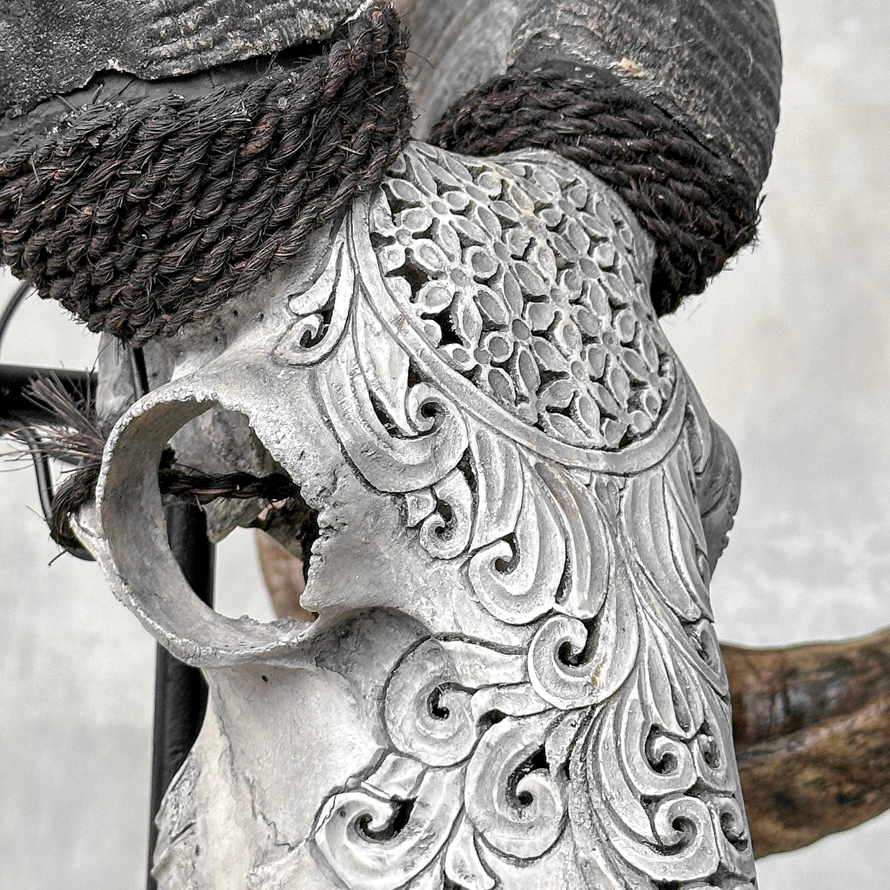 Carved Ram Skull with Flower Of life motif on stand - Skull,A/158